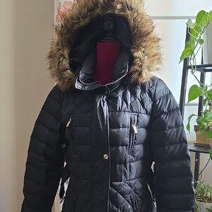 Navy Blue Quilted Jacket with Faux Fur Hood